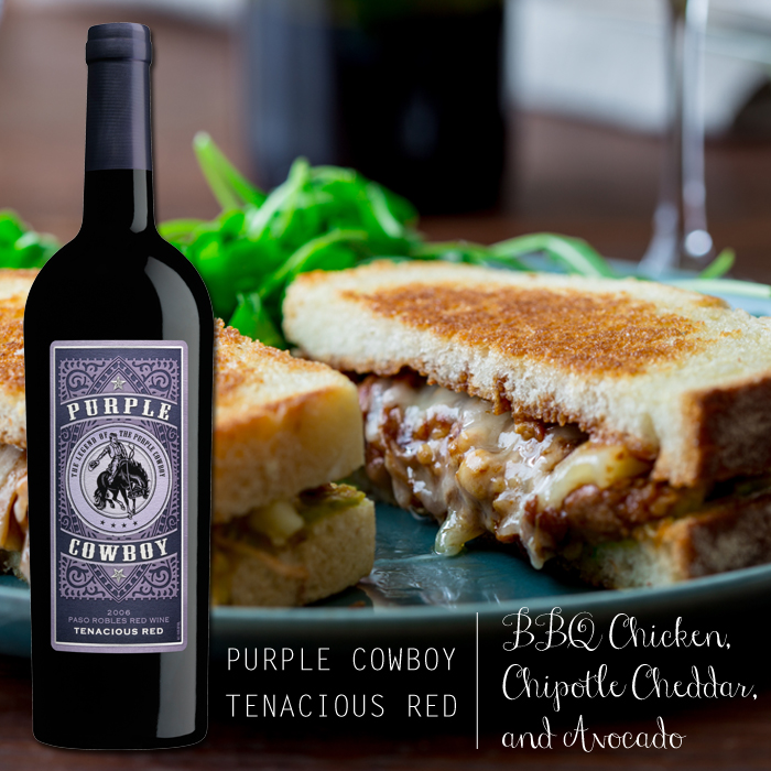 BBQ Shredded Chicken with Chipotle Cheddar and Mashed Avocado & Purple Cowboy Tenacious Red
